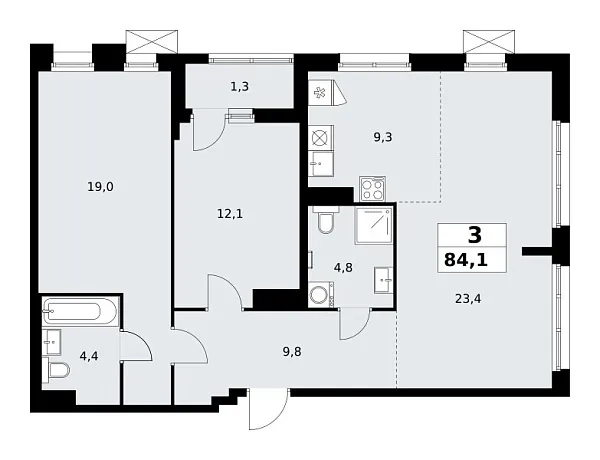 Новая 3-к квартира
 84.1 м² на 19/19 этаже в ЖК «Прокшино» в городе Тюмень 