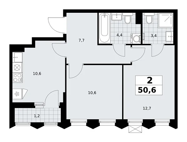 Новая 2-к квартира
 50.6 м² на 9/16 этаже в ЖК «Деснаречье» в городе Тюмень 