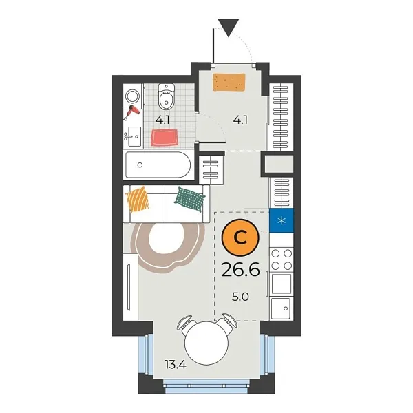 Новая квартира-студия
 26.6 м² на 12/25 этаже в ЖК «Корней» в городе Тюмень 