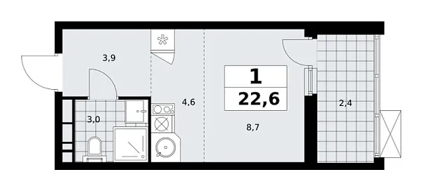 Новая 1-к квартира
 22.6 м² на 13/18 этаже в ЖК «Скандинавия» в городе Тюмень 