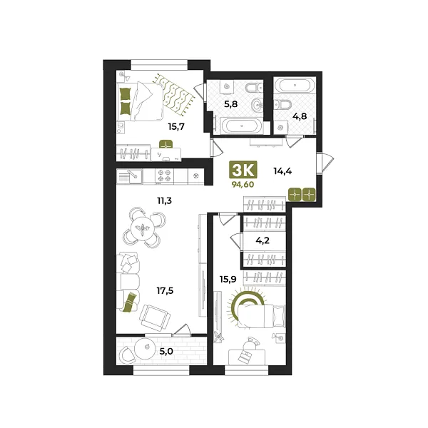 Новая 3-к квартира
 94.6 м² на 3/15 этаже в ЖК «Опера» в городе Тюмень 