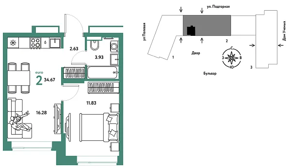 Новая 2-к квартира
 34.73 м² на 5/16 этаже в ЖК «Авторский» в городе Тюмень 