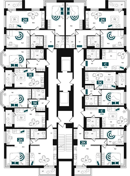 Количество комнат: 2,  76.7 кв.м.