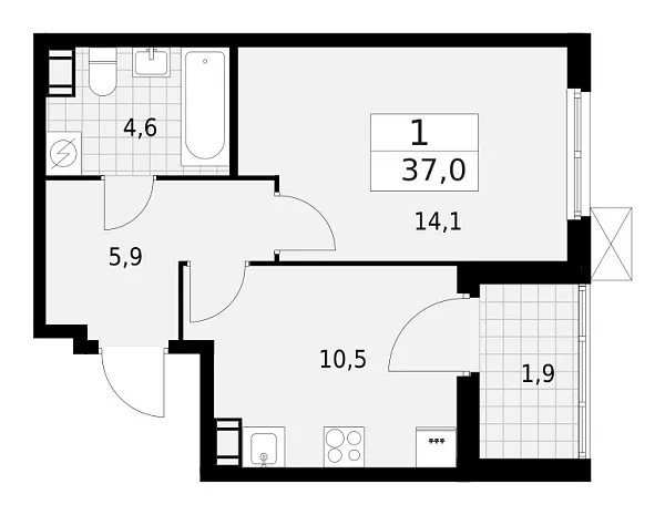 Новая 1-к квартира
 37 м² на 6/13 этаже в ЖК «А101 Лаголово» в городе Тюмень 