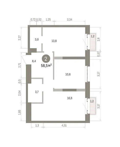 Количество комнат: 2,  58.5 кв.м.