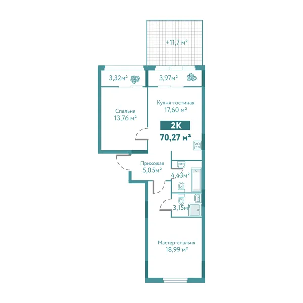 Новая 2-к квартира
 70.27 м² на 1/10 этаже в ЖК «Акватория» в городе Тюмень 