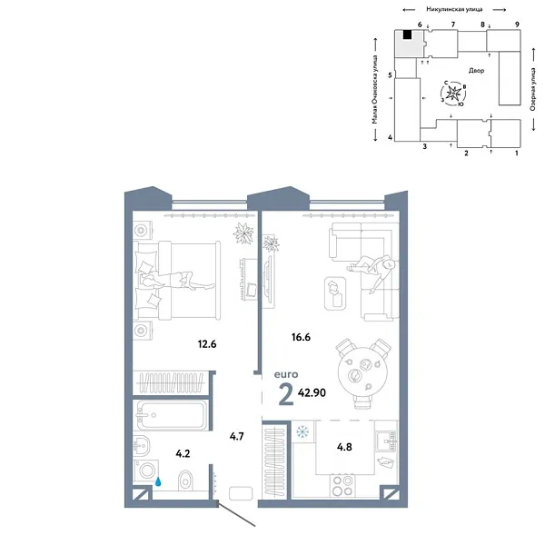 Новая 2-к квартира
 42.9 м² на 16/30 этаже в ЖК «Страна.Озёрная» в городе Тюмень 