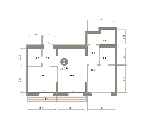 Количество комнат: 2,  59.11 кв.м.