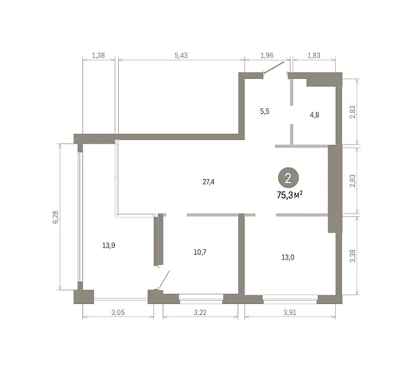 Количество комнат: 2,  75.28 кв.м.