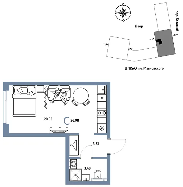 Новая квартира-студия
 26.98 м² на 21/25 этаже в ЖК «Сибирский сад» в городе Тюмень 