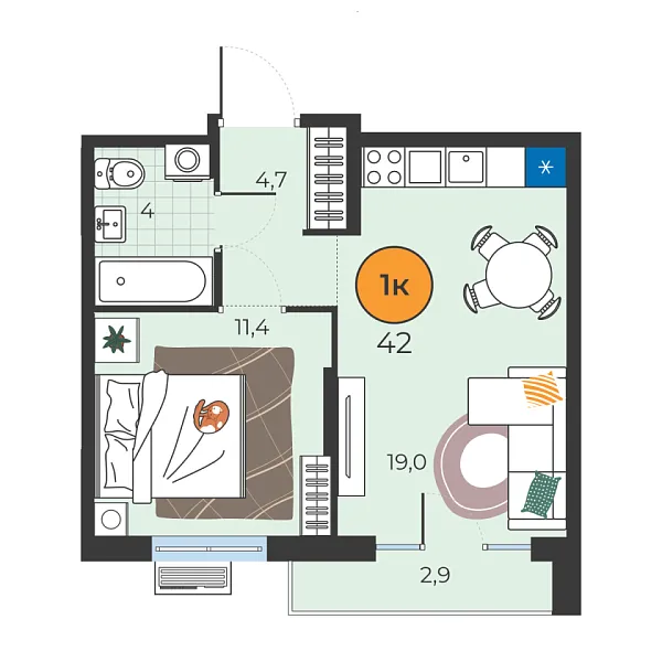 Новая 1-к квартира
 39.1 м² на 2/25 этаже в ЖК «Корней» в городе Тюмень 