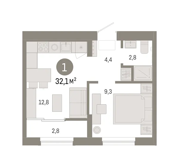 Новая 1-к квартира
 32.07 м² на 9/9 этаже в ЖК «Октябрьский на Туре» в городе Тюмень 