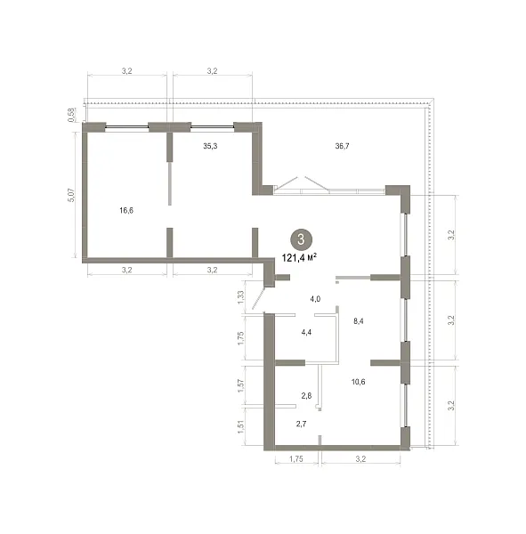 Количество комнат: 3,  121.39 кв.м.