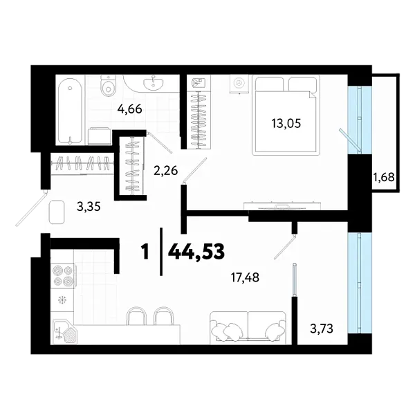 Новая 1-к квартира
 44.53 м² на 17/24 этаже в ЖК «Квартал в Гагаринском парке» в городе Тюмень 