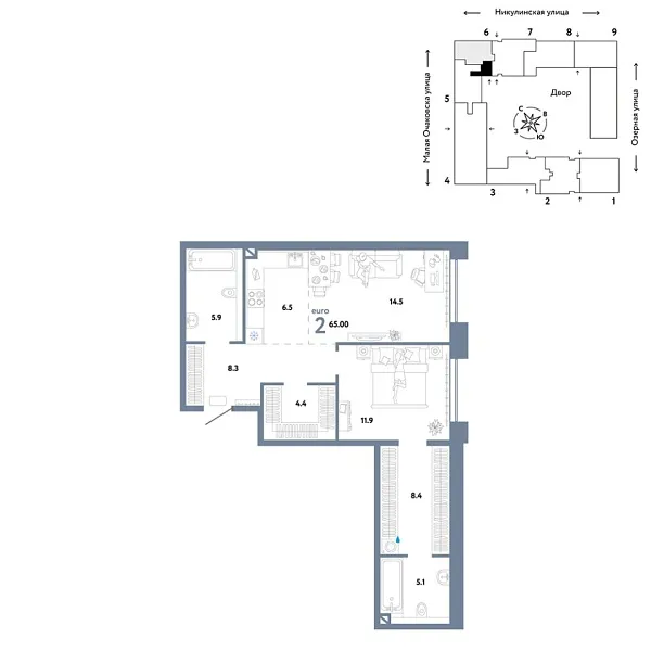 Новая 2-к квартира
 65 м² на 9/30 этаже в ЖК «Страна.Озёрная» в городе Тюмень 