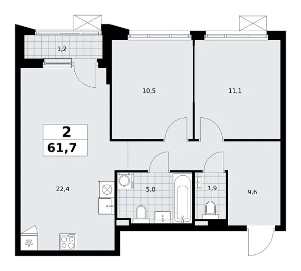 Новая 2-к квартира
 61.7 м² на 2/16 этаже в ЖК «Деснаречье» в городе Тюмень 