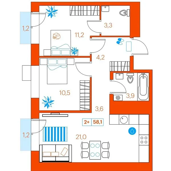 Новая 2-к квартира
 58.1 м² на 5/22 этаже в ЖК «SuperSky» в городе Тюмень 