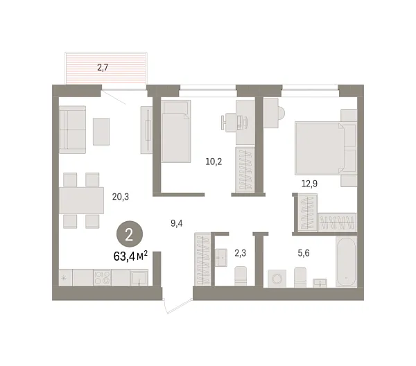 Новая 2-к квартира
 63.4 м² на 6/10 этаже в ЖК «Речной порт» в городе Тюмень 