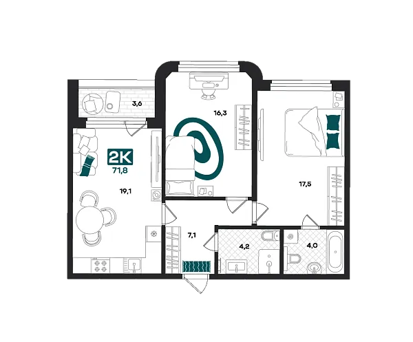 Новая 2-к квартира
 71.8 м² на 2/23 этаже в ЖК «Добро» в городе Тюмень 