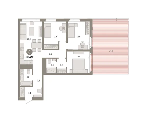 Новая 3-к квартира
 120.38 м² на 3/18 этаже в ЖК «Республики 205» в городе Тюмень 