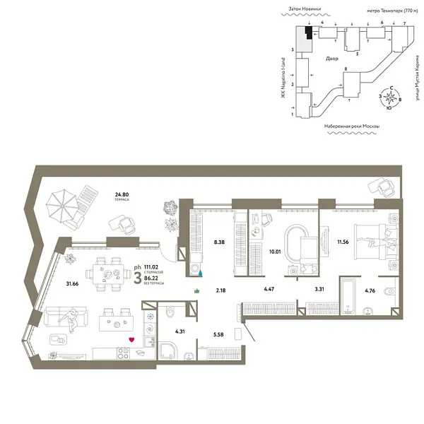 Новая 3-к квартира
 111.02 м² на 19/20 этаже в ЖК «ЖК WOW» в городе Тюмень 