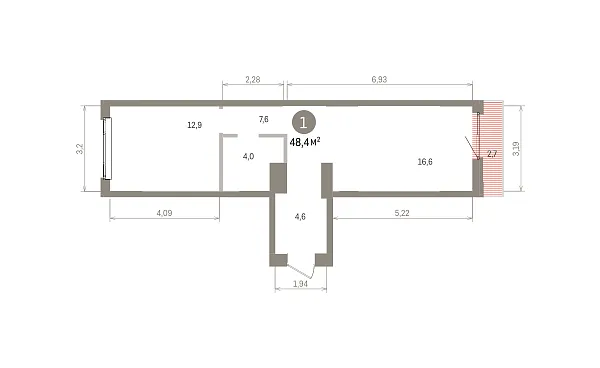 Количество комнат: 1,  48.4 кв.м.