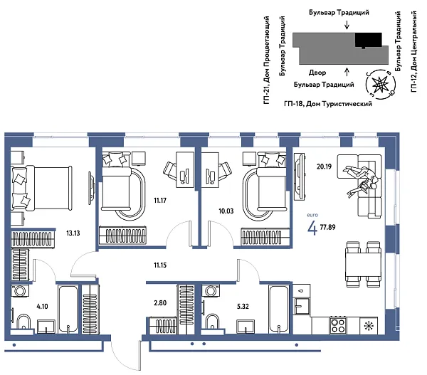Новая 4-к квартира
 77.89 м² на 5/11 этаже в ЖК «Домашний» в городе Тюмень 