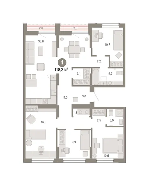 Новая 4-к квартира
 118.2 м² на 7/9 этаже в ЖК «Октябрьский на Туре» в городе Тюмень 