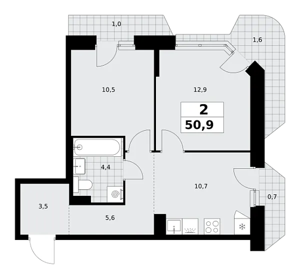 Новая 2-к квартира
 50.9 м² на 10/10 этаже в ЖК «Прокшино» в городе Тюмень 