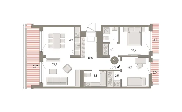 Новая 2-к квартира
 85.46 м² на 8/9 этаже в ЖК «Брусника в Академическом» в городе Тюмень 