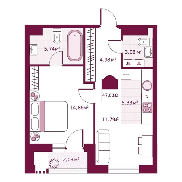 Новая 1-к квартира
 47.81 м² на 2/6 этаже в ЖК «Secret Place» в городе Тюмень 