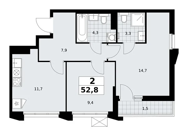 Новая 2-к квартира
 52.8 м² на 11/17 этаже в ЖК «Деснаречье» в городе Тюмень 
