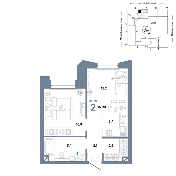 Новая 2-к квартира
 36.9 м² на 9/30 этаже в ЖК «Страна.Озёрная» в городе Тюмень 