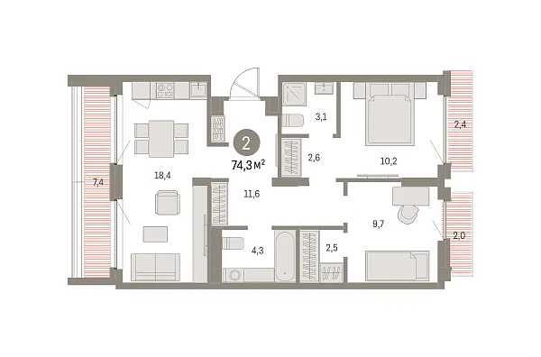 Новая 2-к квартира
 74.32 м² на 9/9 этаже в ЖК «Брусника в Академическом» в городе Тюмень 