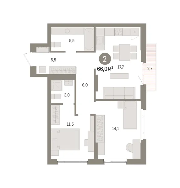 Новая 2-к квартира
 66 м² на 8/16 этаже в ЖК «Квартал «Траектория»» в городе Тюмень 