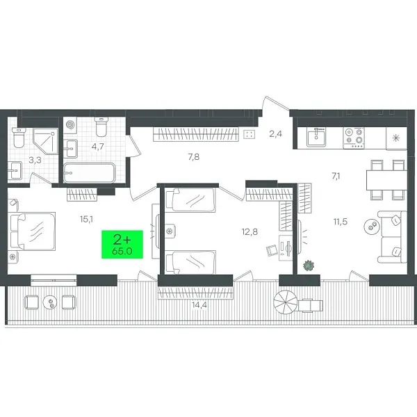 Новая 2-к квартира
 79.47 м² на 15/16 этаже в ЖК «Гранд Квартал» в городе Тюмень 