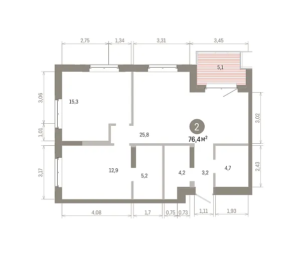 Количество комнат: 2,  76.38 кв.м.