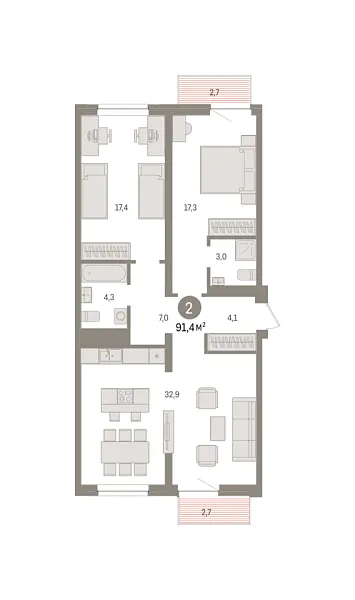Новая 2-к квартира
 91.4 м² на 5/8 этаже в ЖК «Речной порт» в городе Тюмень 