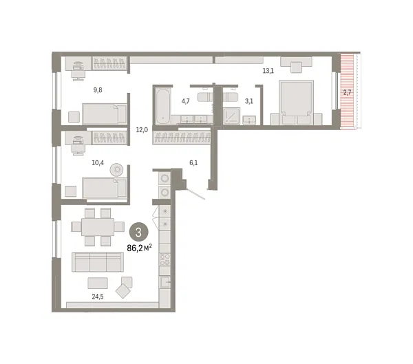 Новая 3-к квартира
 86.18 м² на 7/7 этаже в ЖК «Октябрьский на Туре» в городе Тюмень 
