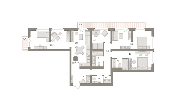 Новая 4-к квартира
 129.5 м² на 6/29 этаже в ЖК «Квартал «Издание»» в городе Тюмень 