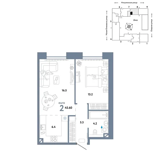 Новая 2-к квартира
 45.6 м² на 7/30 этаже в ЖК «Страна.Озёрная» в городе Тюмень 
