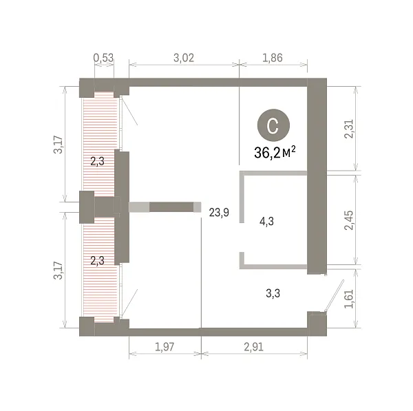 Количество комнат: Студия,  36.18 кв.м.
