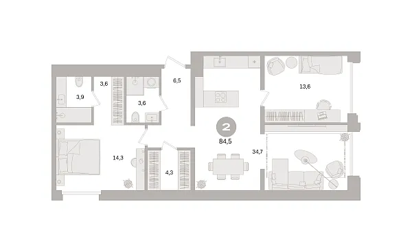 Новая 2-к квартира
 84.5 м² на 2/21 этаже в ЖК «Дом «А»» в городе Тюмень 