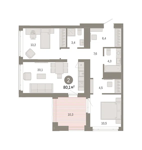 Новая 2-к квартира
 80.12 м² на 17/18 этаже в ЖК «Республики 205» в городе Тюмень 