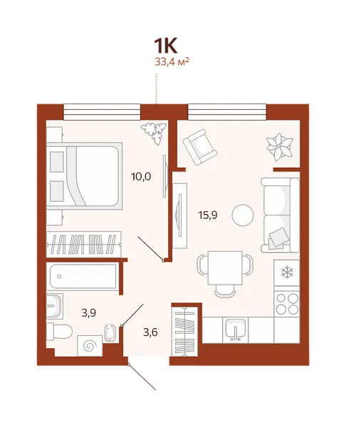 Новая 1-к квартира
 33.43 м² на 2/14 этаже в ЖК «ЖК Новатор» в городе Тюмень 