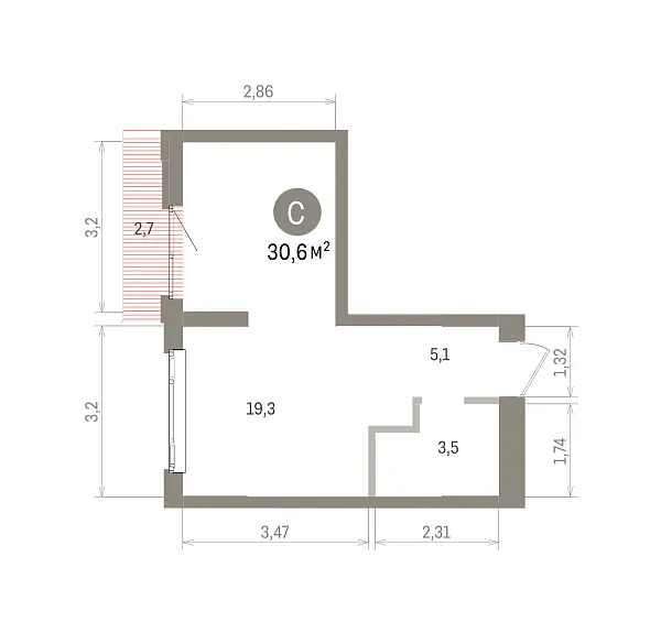 Количество комнат: Студия,  30.6 кв.м.