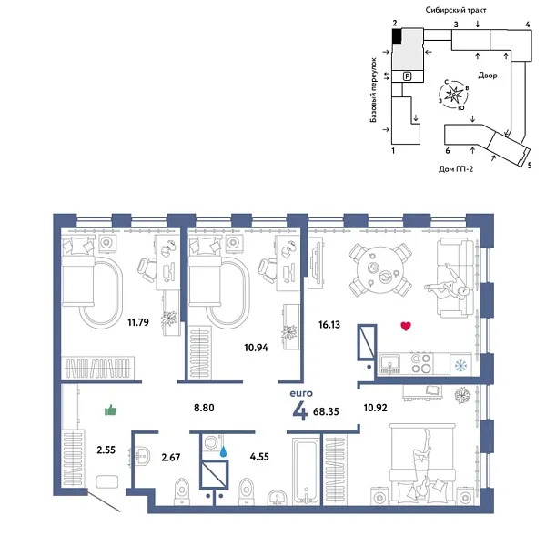 Новая 4-к квартира
 68.35 м² на 11/32 этаже в ЖК «Сибирский сад» в городе Тюмень 