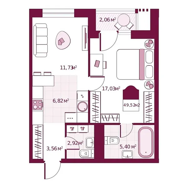 Новая 1-к квартира
 49.52 м² на 2/6 этаже в ЖК «Secret Place» в городе Тюмень 