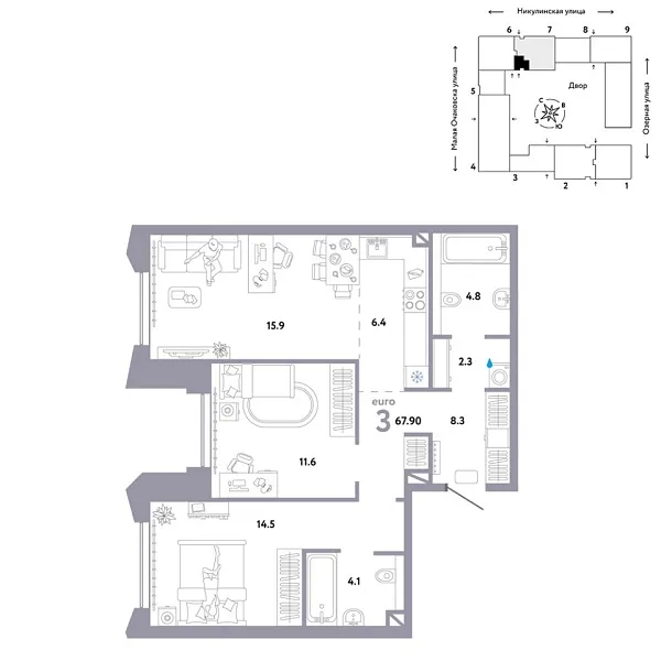 Новая 3-к квартира
 67.9 м² на 22/30 этаже в ЖК «Страна.Озёрная» в городе Тюмень 