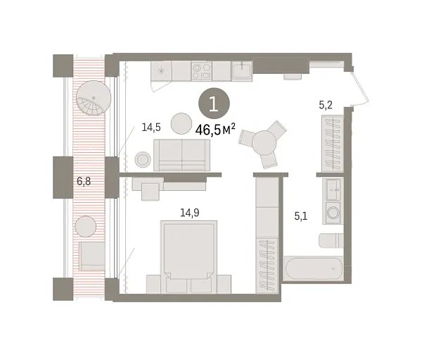Новая 1-к квартира
 46.54 м² на 17/17 этаже в ЖК «Октябрьский на Туре» в городе Тюмень 